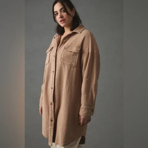 Pilcro Anthropologie Ribbed Duster Shacket Collared Oversized Tan Size Medium - Picture 1 of 11